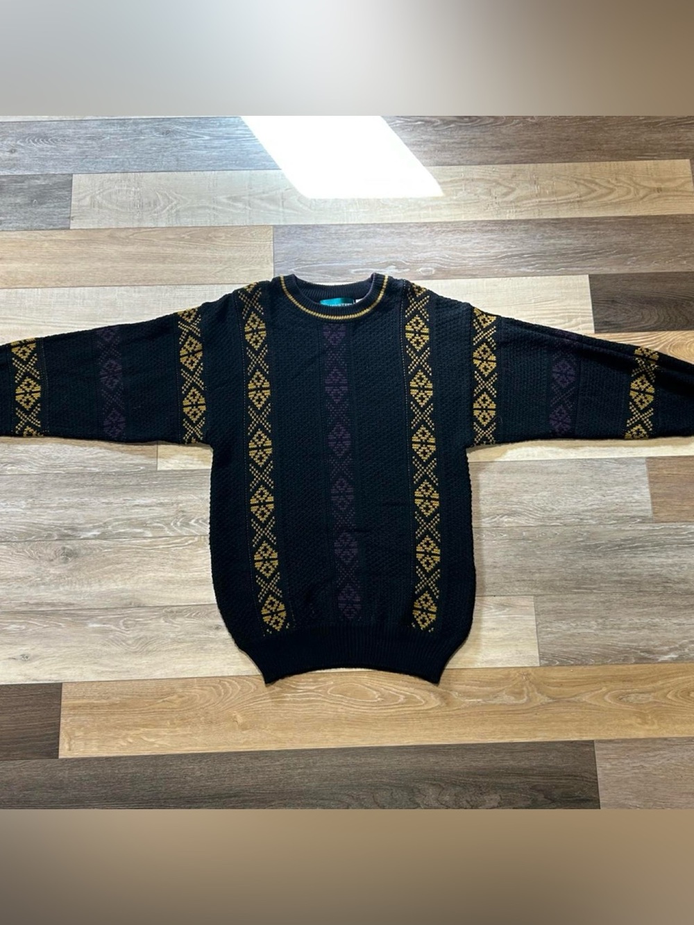 Men's Black Patterned Crewneck Sweater with Gold Accents